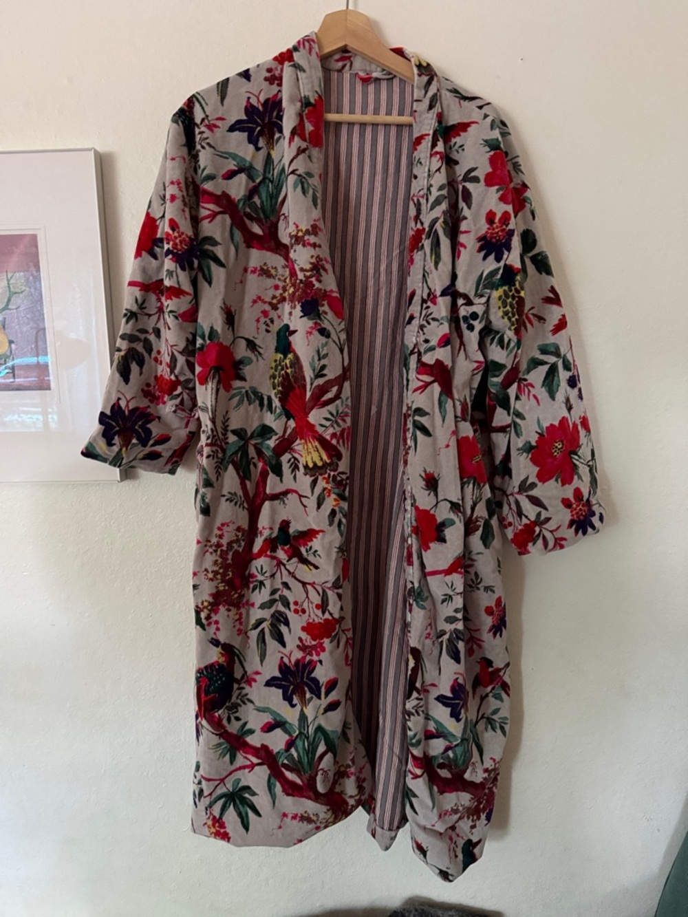 Floral Bird Print Velvet Robe w/ Striped Lining AS IS